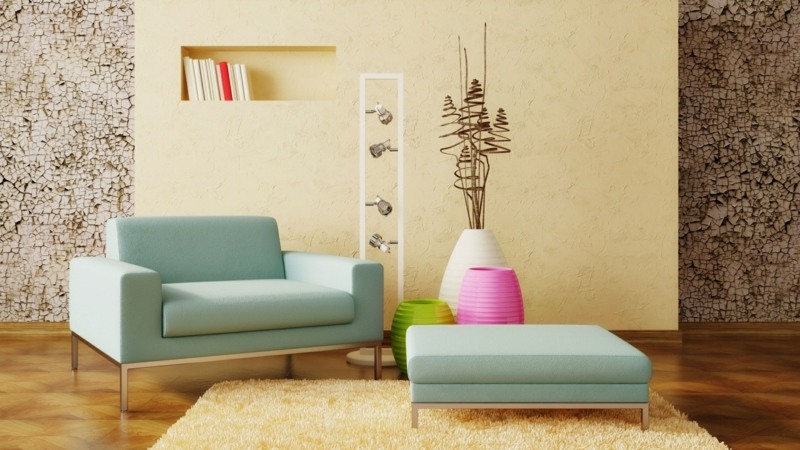 decoration-salon-fauteuil-ottoman-bleu-pâle-peinture-murale-beige-marron-3d