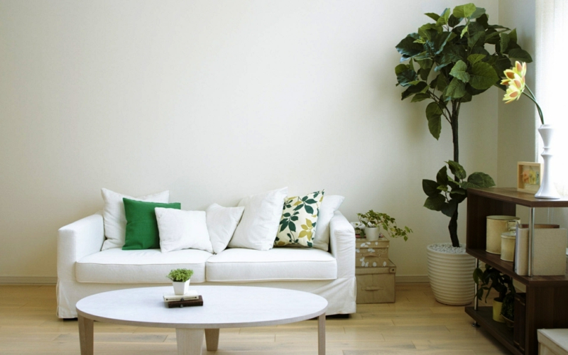 decoration-salon-plante-verte-feuilles-grandes-coussins-blanc-vert-table-basse-ronde décoration de salon