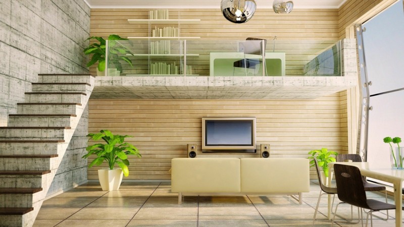 decoration-salon-plantes-vertes-escalier-droit-béton-lambris-mural-bois décoration de salon