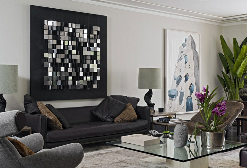 decoration-salon-plantes-vertes-orchidée-déco-murale-tableau-3d-cubes-métal décoration de salon