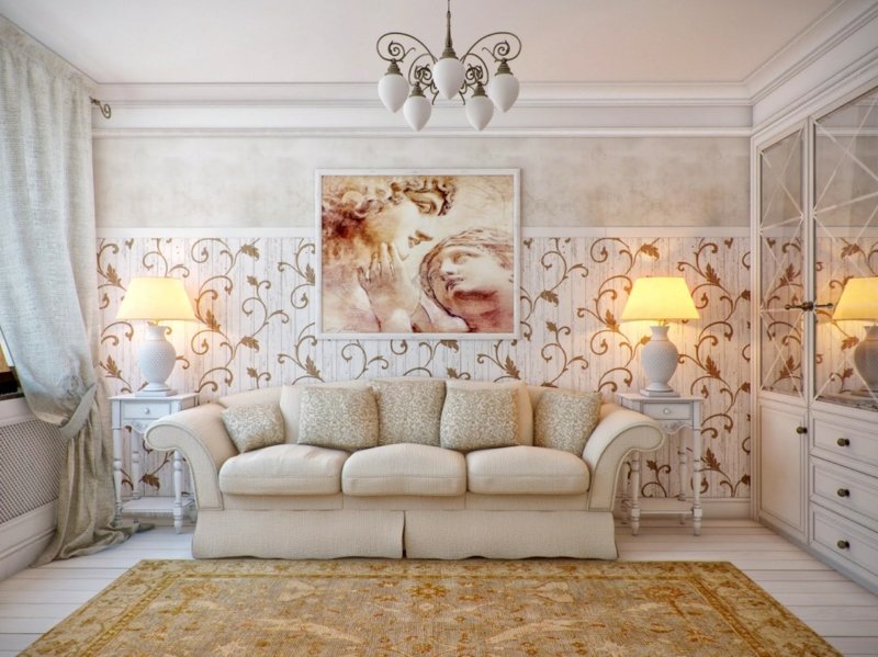 decoration-salon-tableau-statues-idée-romantique-lambris-mural-bois-motifs-arabesques décoration de salon
