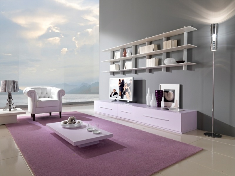 decoration-salon-tapis-lilas-accent-mobilier-blanc-meuble-tv-bas-rose-pâle