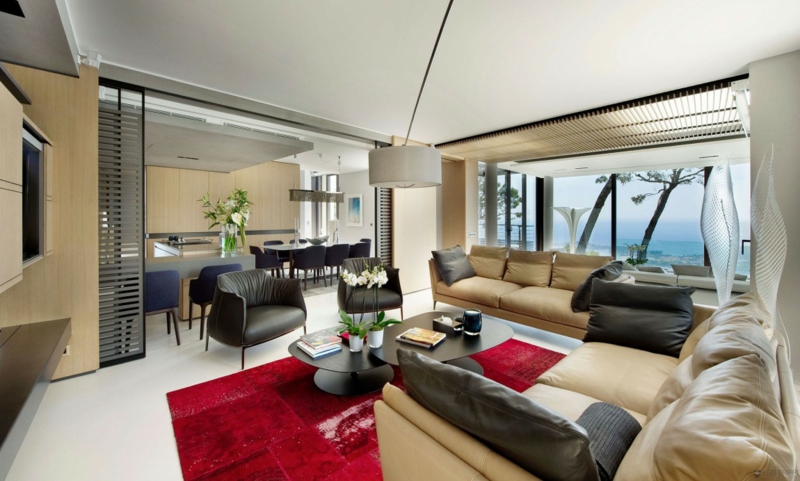 decoration-salon-tapis-rouge-accent-salon-meubles-beige-noir