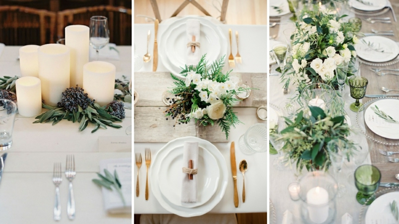 decoration-table-Noel-rutique-romantique-bougies-cylindriques-blanches-fleurs-blanches-plateau-bois
