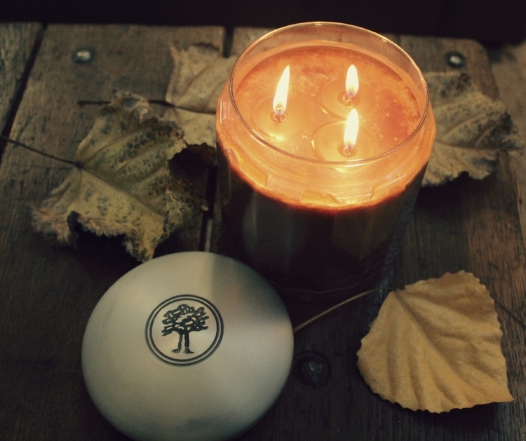 decoration-table-automne-bougie-parfumée-grand-format-feuilles-automne