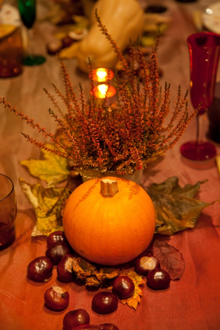 decoration-table-automne-citrouille-bouquet-bruyère-châtaignes-feuilles