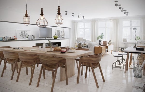 design-scandinave salle manger meubles bois suspensions cages