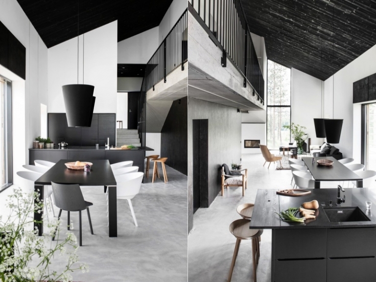 design-scandinave salle manger noir blanc plafond pente