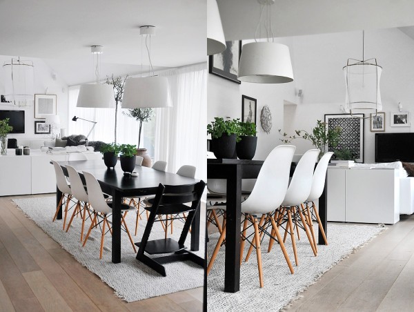 design-scandinave-salle manger salon noir blanc chaises Eames