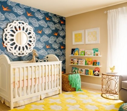 décoration chambre bébé originale papier peint mural tapis jaune