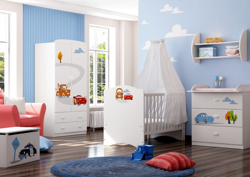 décoration-chambre-bébé-peinture-bleue-motif-nuage-parquet-massif-tapis-rond