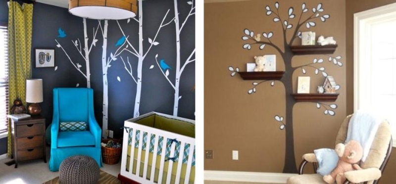 décoration-chambre bébé peinture murale arbres oiseaux
