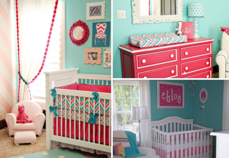 décoration-chambre bébé peinture turquoise accents rose