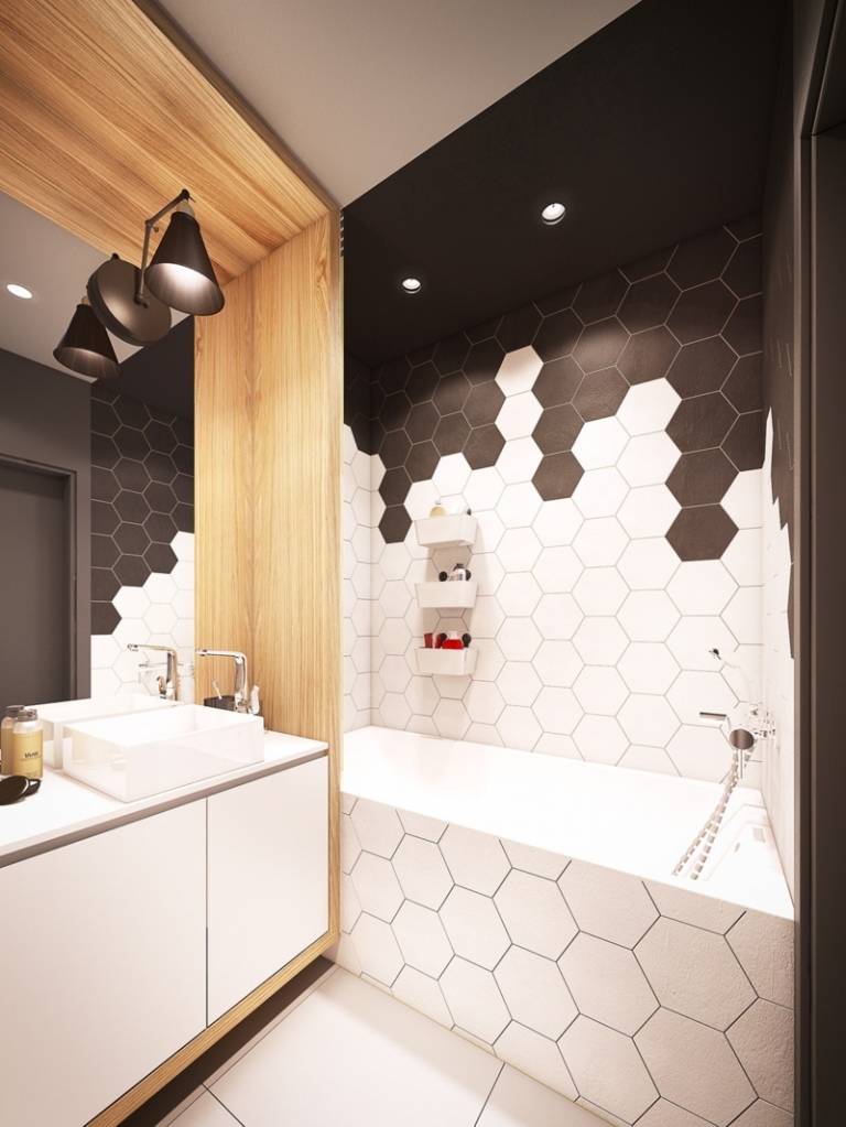 décoration-colorée-carrealge-salle-bains-design-hexagonal-noir-blanc-accents-bois