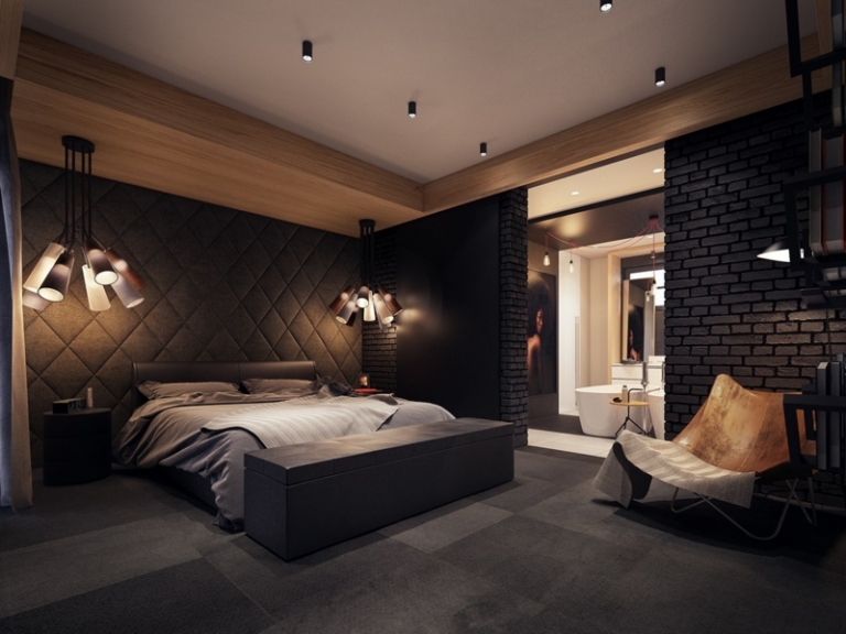 décoration-colorée-chambre-coucher-grise-mur-tapissé-suspensions-originales-chaise-papillon