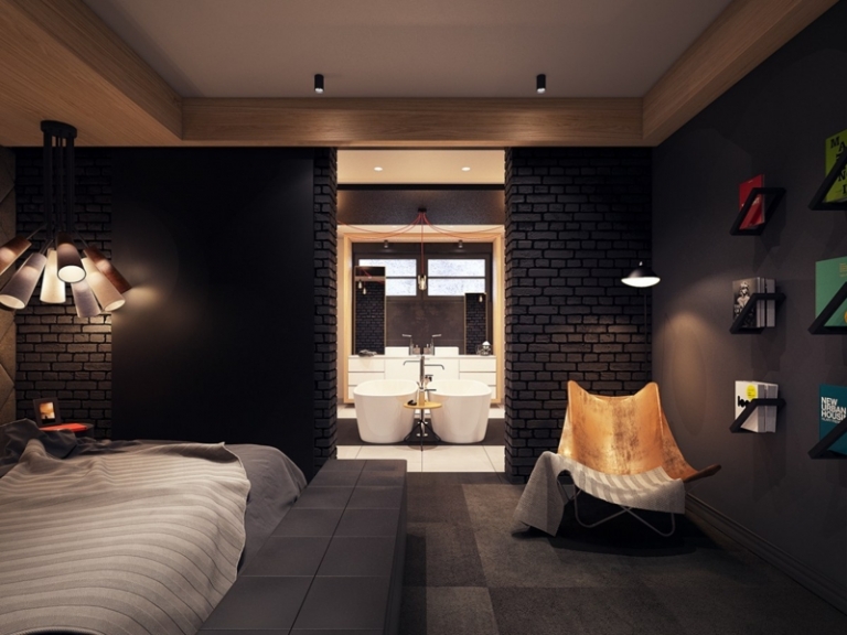 décoration-colorée-chambre-coucher-mur-brique-noire-chaise-cuir-lustre-moderne décoration colorée