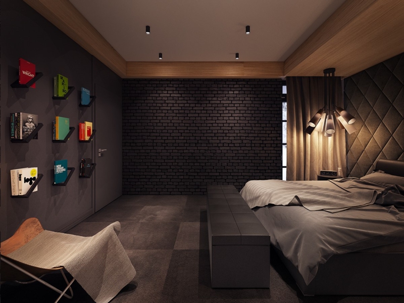 décoration-colorée-chambre-coucher-plancher-gris-coffre-rangement-gris-étagères-murales-lustre décoration colorée