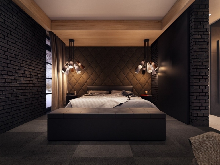 décoration-colorée-chambre-coucher-sombre-mur-tapissé-capitonné-mur-brique-suspensions-métal