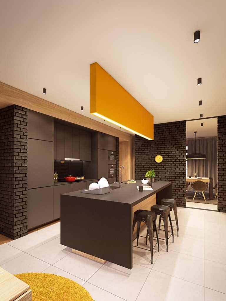 décoration-colorée-cuisine-mur-brique-armoires-îlot-marron-chocolat-luminaire-linéaire-jaune