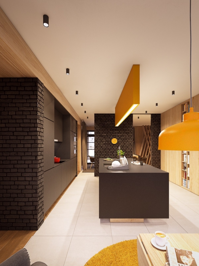 décoration-colorée-cuisine-mur-brique-marron-îlot-marron-suspension-tapis-jaune décoration colorée