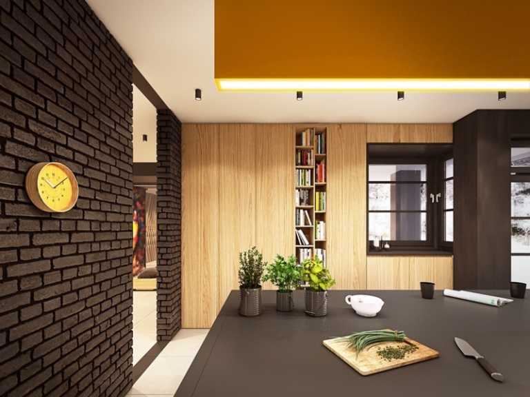 décoration-colorée-mur-brique-bibliothèque-encastrée-luminaire-linéaire-jaune