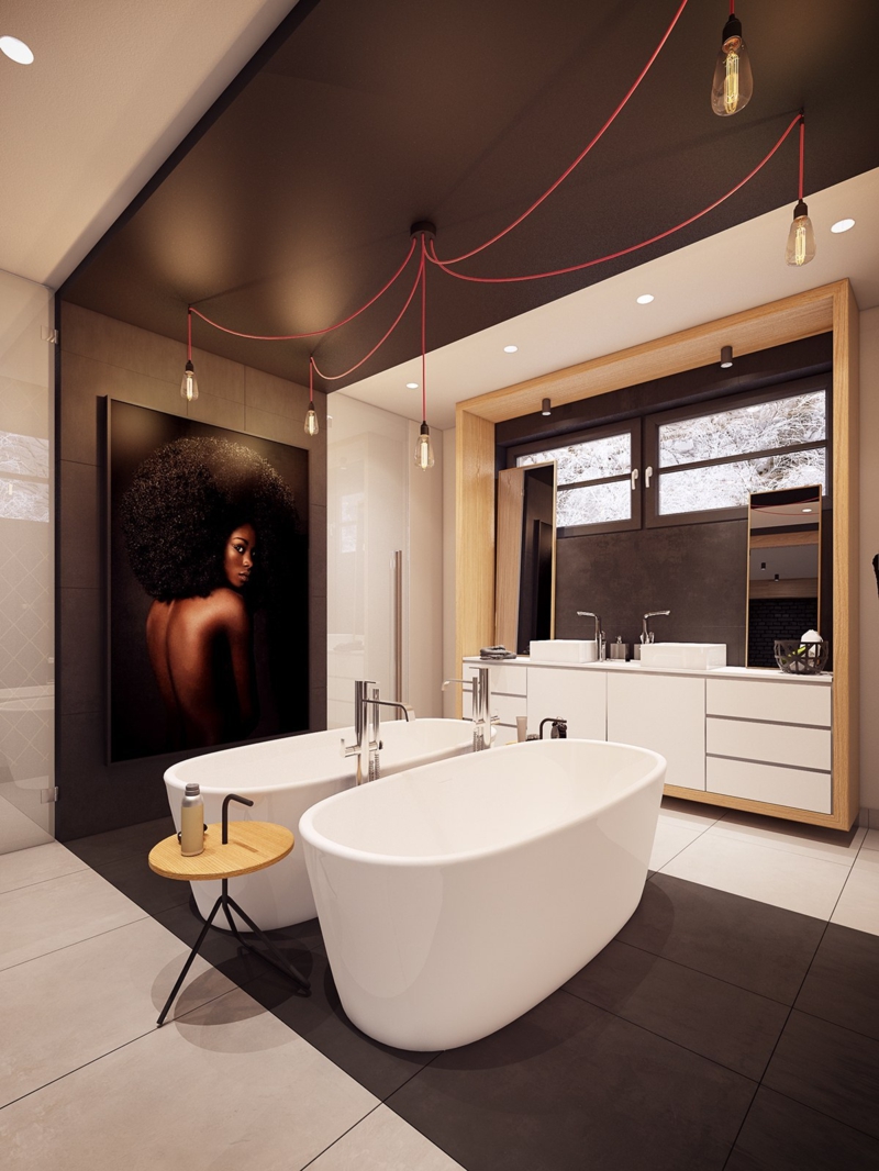 décoration-colorée-salle-bains-accents-gris-baignoire-îlot-carrelage-grand-format-portrait