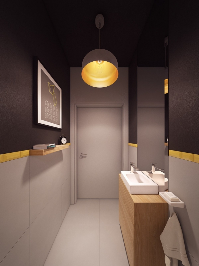 décoration-colorée-salle-bains-bicolore-grise-frise-couleur-or-meuble-vasque-bois-clair-étagère-tableau