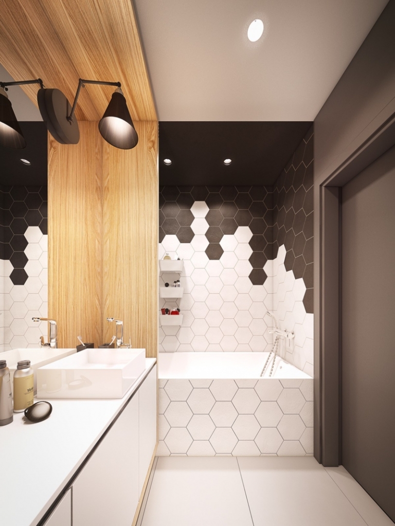 décoration-colorée-salle-bains-carrelage-hexagonal-noir-blanc-applique-murale-grand-miroir