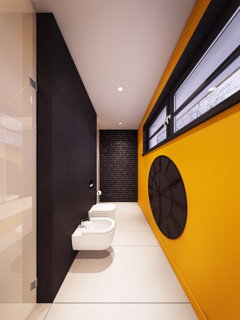 décoration-colorée-salle-bains-horloge-peinture-murale-jaune-noir-carrelage-sol-grand-format