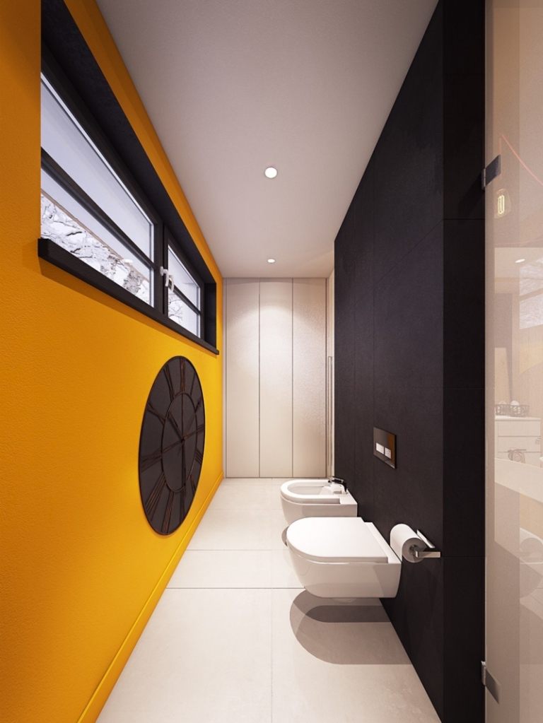 décoration-colorée-salle-bains-peinture-jaune-noire-bidet-cuvette-suspendue-horloge décoration colorée