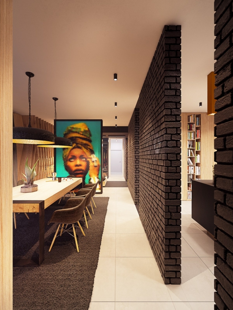 décoration-colorée-salle-manger-mur-brique-marron-chocolat-chaises-eames-tableau-pixélisé