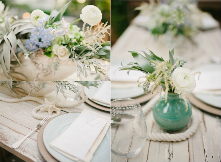 décoration de mariage thème mer vase turquoise renoncules blancs