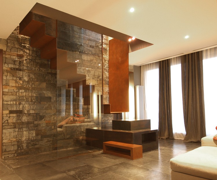 escalier intérieur design bois pierre verre-acier-corten DeCastelli