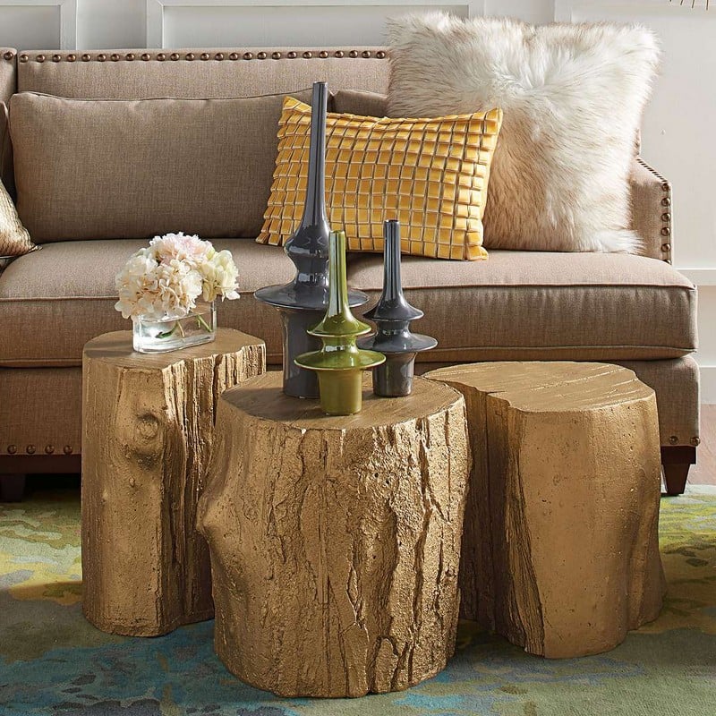 idees-deco-salon-table-basse-tronc-arbre-peinture-or-vase-hortensia déco créative