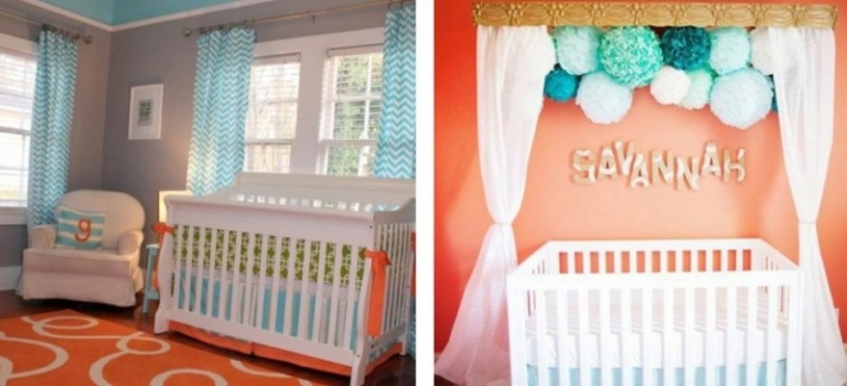 idées décoration chambre bébé orange blanc bleu vert