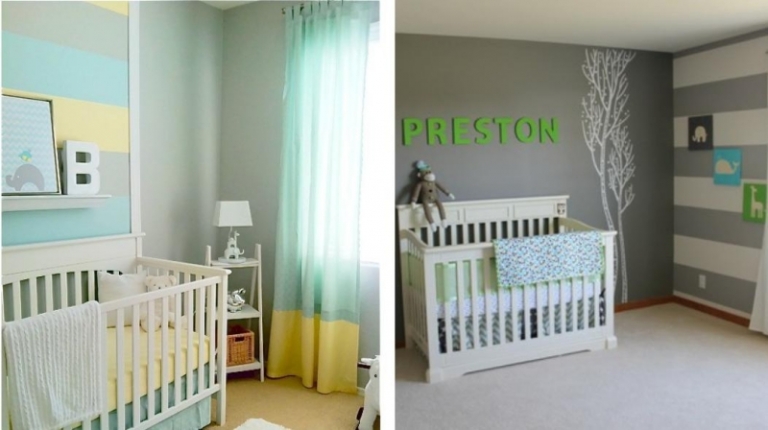 idées décoration chambre bébé rayure gris couleurs douces