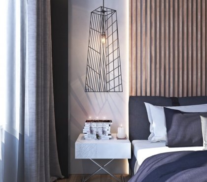 lambris-mural bois lampe suspendue métal chevet lit blanc moderne