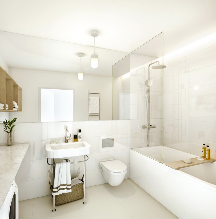 luminaire-salle-de-bains-baignoire-rectangulaire-toilettes-lavabo-peinture-murale-blanche