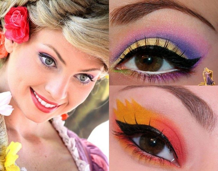 maquillage-Halloween-coiffure-princesse-Raiponce-fard-paupières-or-orange-pourpre