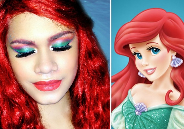 maquillage-Halloween-princesse-Ariel-sirène-cheveux-roux-fard-paupières-vert-orange-rouge-lèvres-roouge