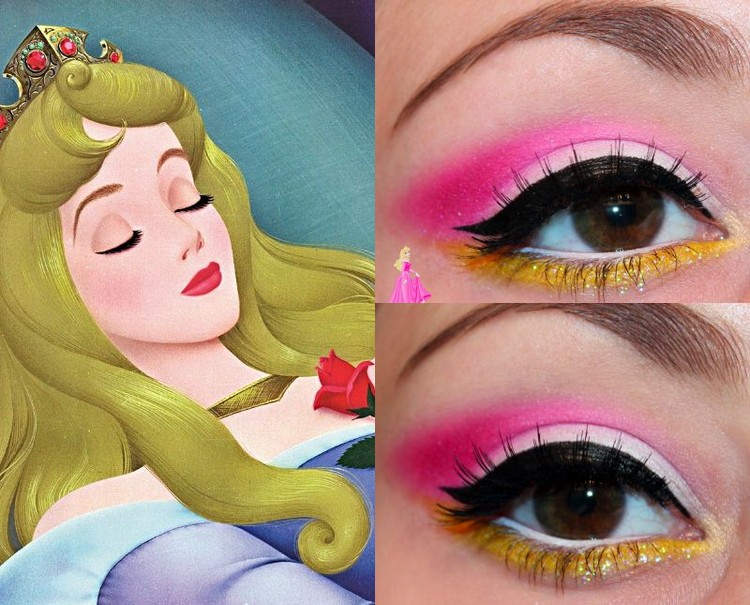 maquillage-Halloween-princesse-Aurore-fard-paupières-nuances-rose-or-eye-liner-noir
