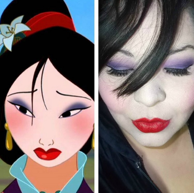 maquillage-Halloween-princesse-Mulan-fard-paupières-pourpre-rouge-lèvres-rouge