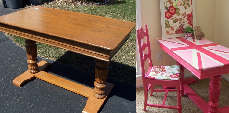 meuble-bureau-enfant fille peint rose ancienne table bois 2-pieds