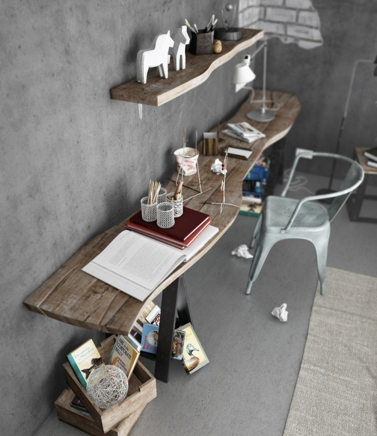 meuble-bureau-industriel bois brut métal étagère murale assortie