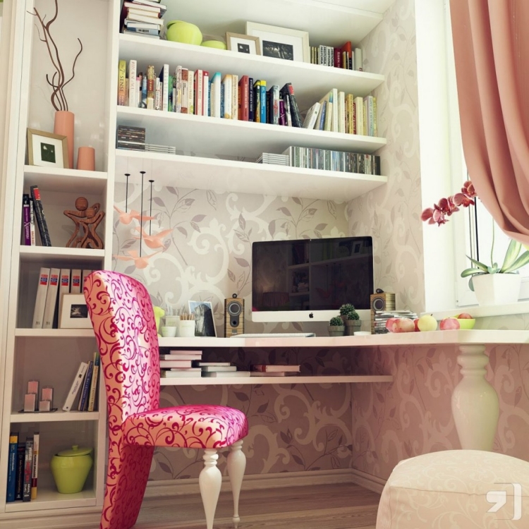 meuble-bureau-mural chambre fille pieds tournés chaise rose assortie