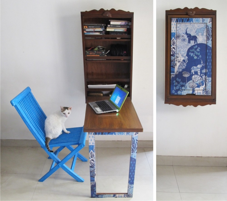 meuble-bureau-mural rabattable ancien buffet bois chaise pliante bleue
