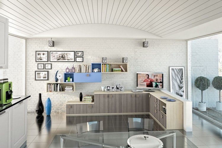 meuble-mural-salon-angle-armoires-grisâtres-modules-muraux-beige-bleu meuble mural salon