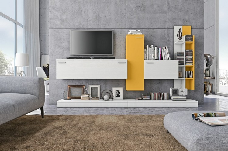 meuble-mural-salon-armoires-blanc-jaune-panneaux-muraux-gris meuble mural salon