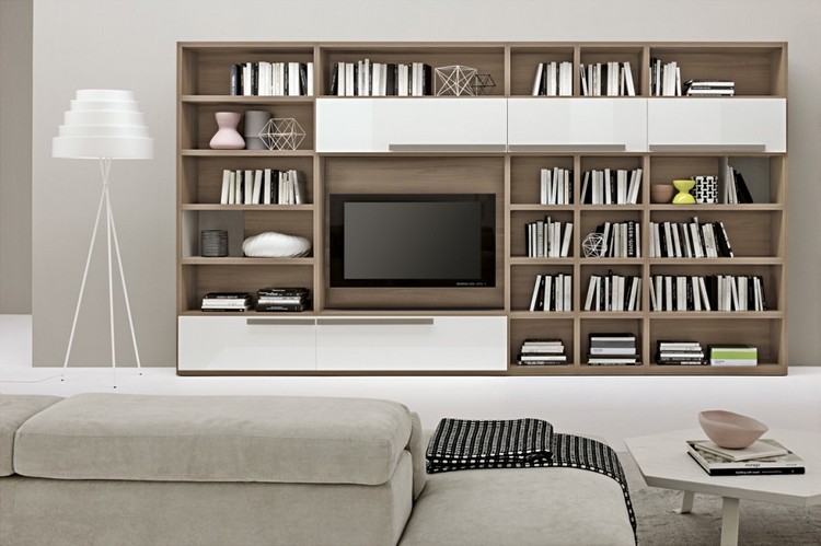 meuble-mural-salon-chêne-armoires-blanches-étagères-ouvertes-canapé-gris
