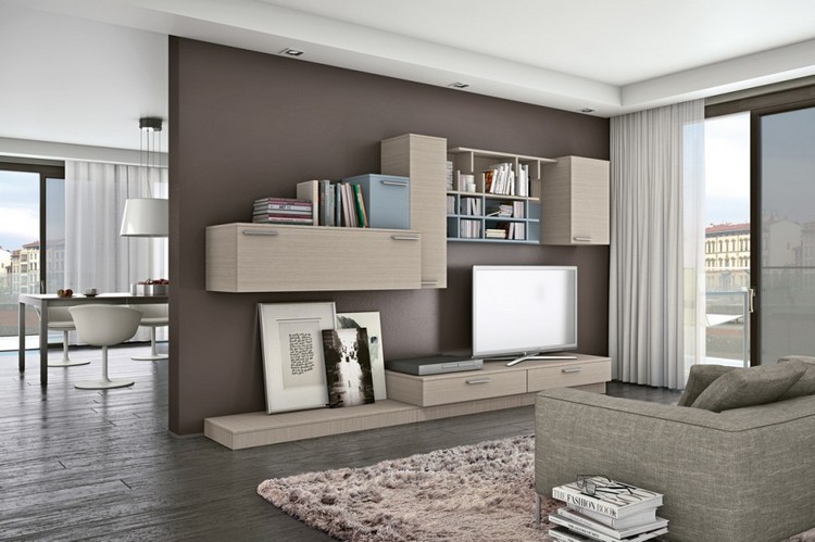 meuble-mural-salon-chêne-armoires-tiroirs-module-rangement-accents-gris